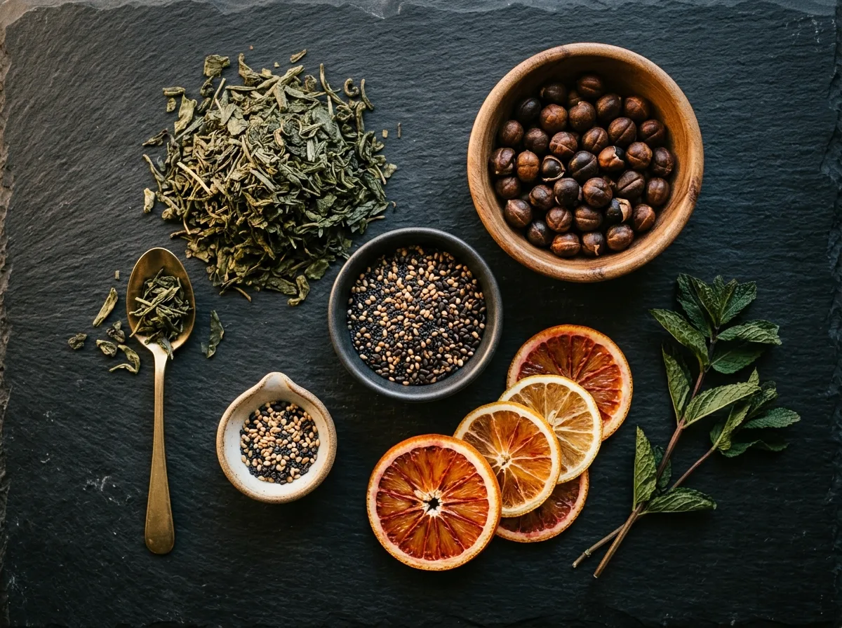 Green tea extract antioxidant supplement botanicals flat-lay with guarana seeds and herbs